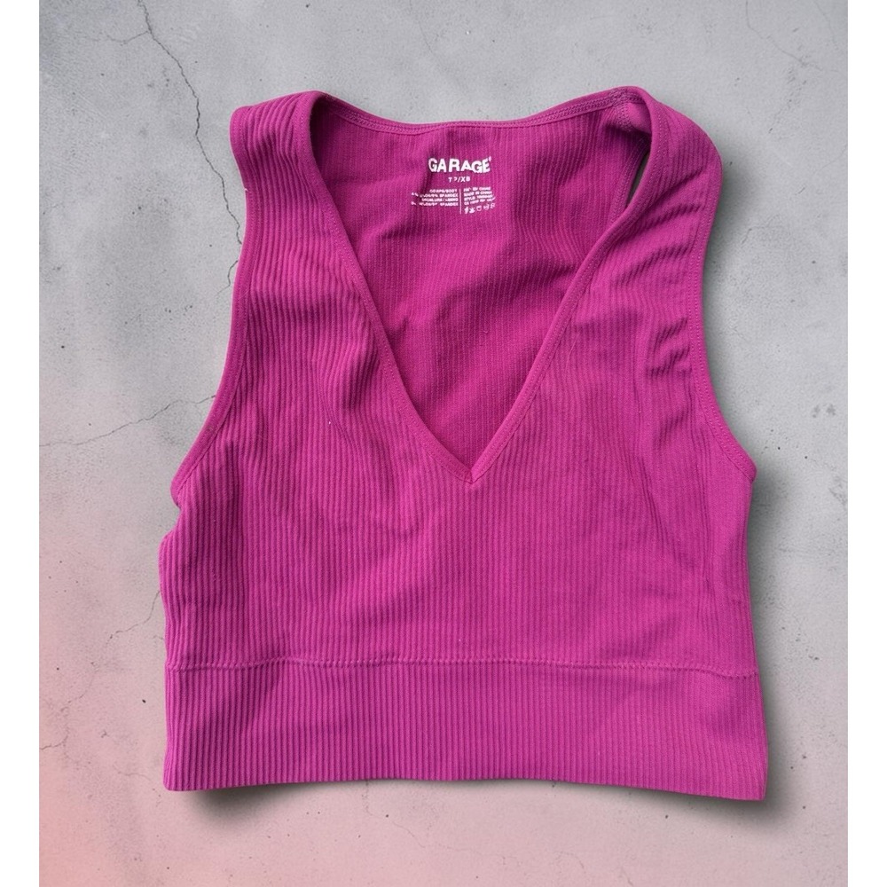 Garage Magenta Pink Ribbed V-Neck Crop Top‎ Sleeveless Tank XS